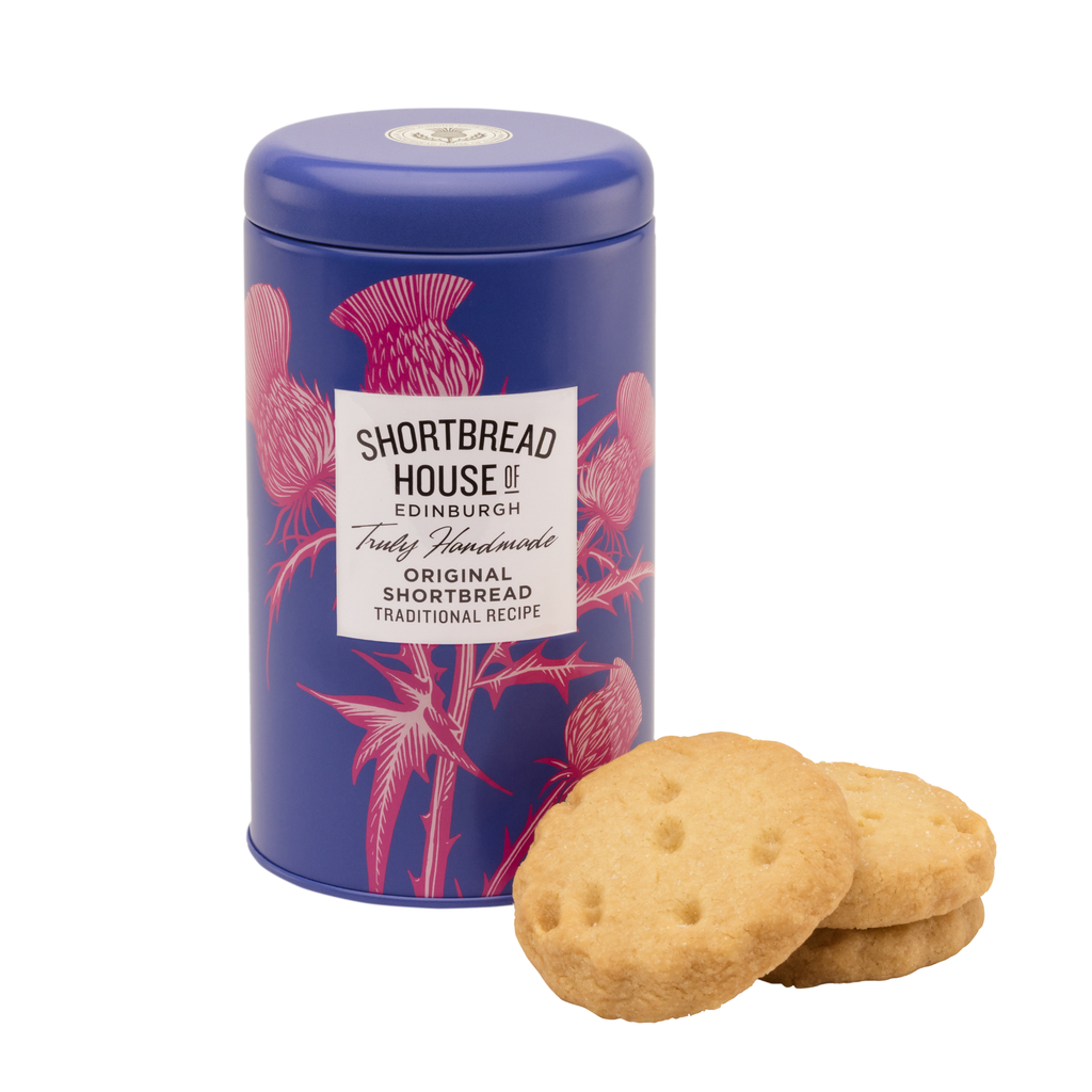 Blue tin of Shortbread House of Edinburgh shortbread cookies with cookies displayed in front.