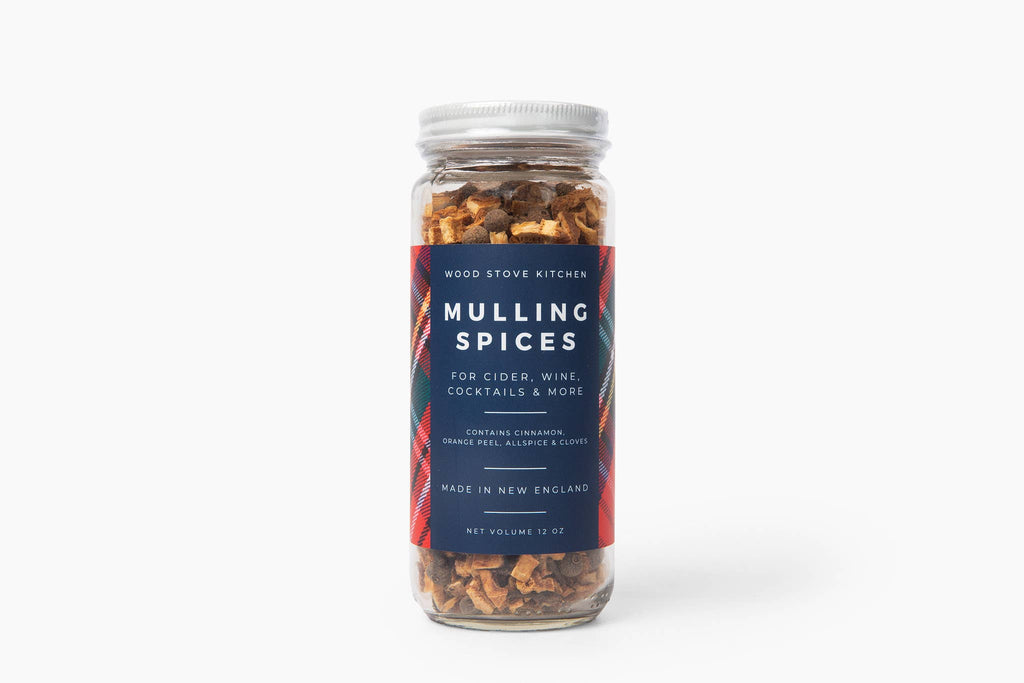 Jar of Mulling Spices made in New England with a tartan label on a white background
