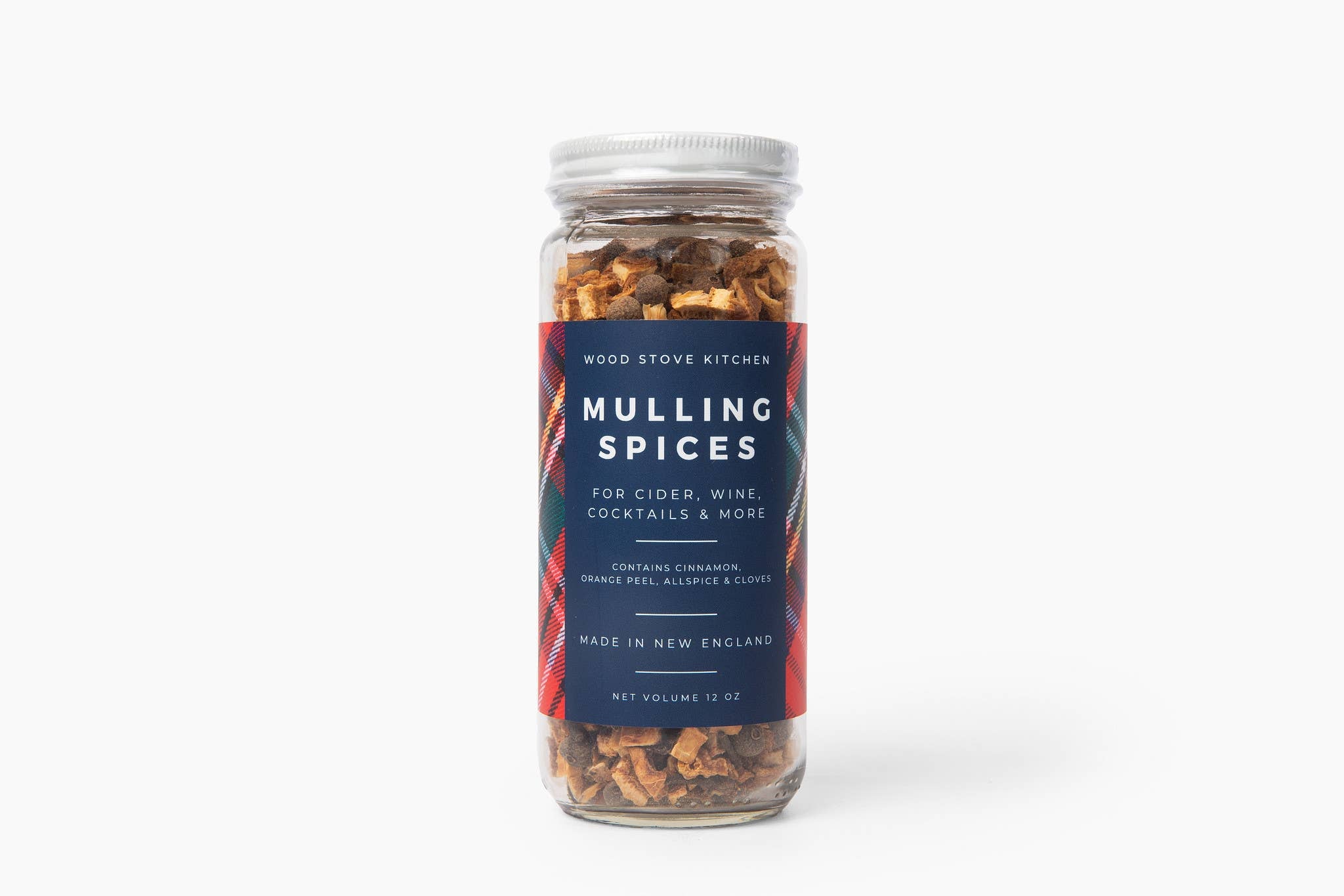 Jar of Mulling Spices made in New England with a tartan label on a white background